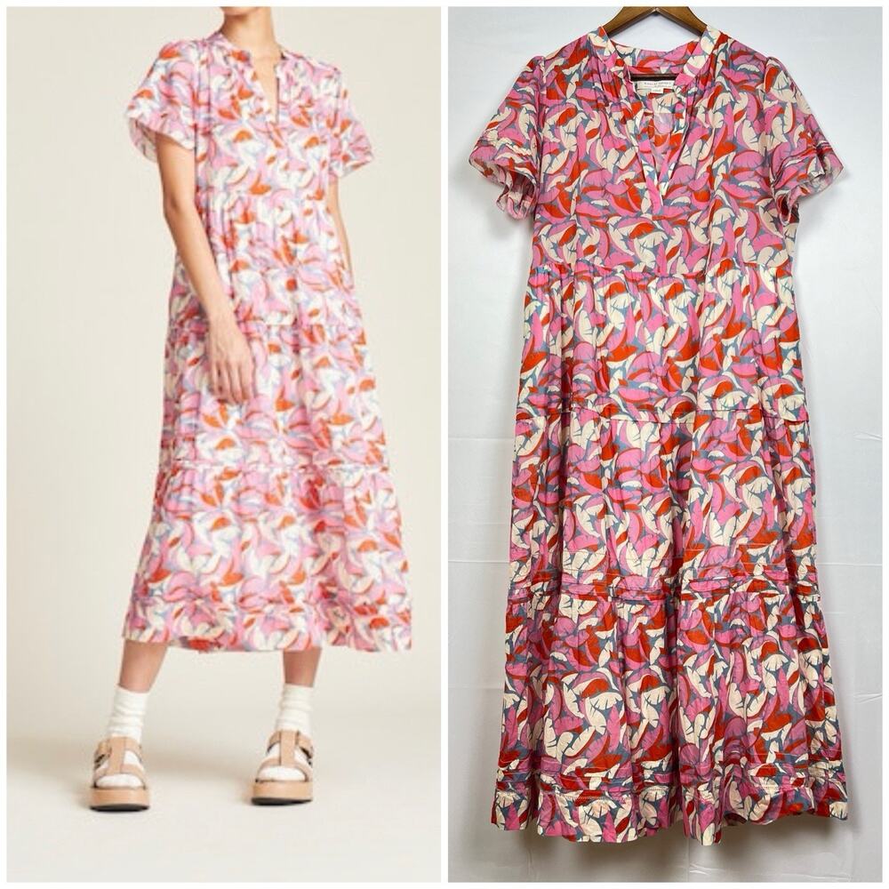 Birds of Paradis by TROVATA Pink Tropical Print Tiered Boho Midi Dress L - Picture 2 of 12